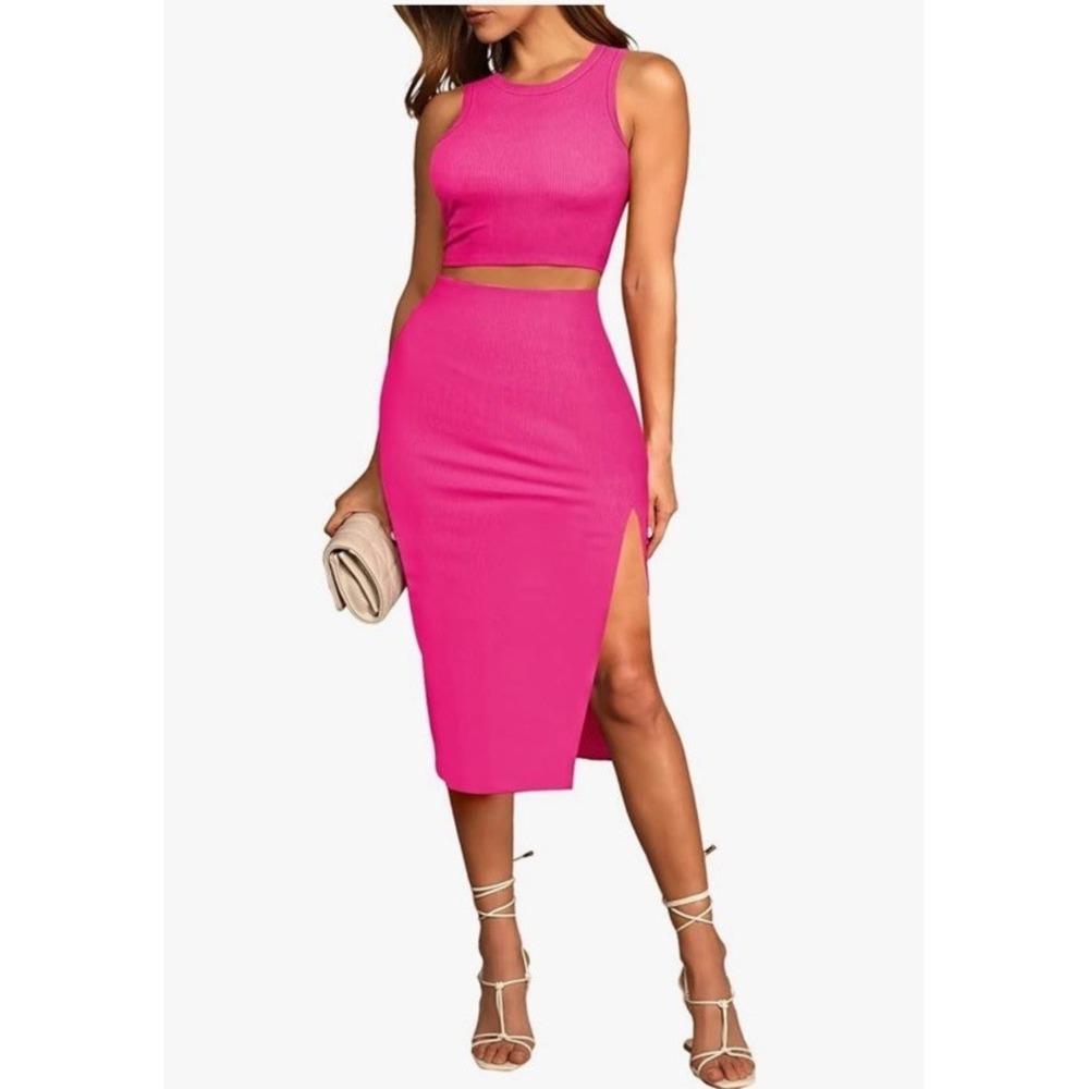 Pink Queen Hot Pink Ribbed‎ Knit 2-Piece Crop Tank & Slit Midi Skirt Set – XL